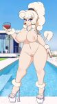 absurd_res alcohol alys_faiblesse_(zelripheth) ankle_tuft anthro arm_tattoo arm_tuft beverage big_breasts big_butt blonde_hair breasts butt canid canine canis clitoral_hood clothing colored_nails container cup domestic_dog drinking_glass female footwear footwear_only gem genitals glass glass_container glass_cup hair hi_res high_heels high_heels_only jewelry leg_tuft mammal mostly_nude nails navel necklace nipples nude outside pearl_(gem) pearl_necklace plump_labia ponytail poodle pool purple_eyes raised_tail shoes standard_poodle tail tail_tuft tattoo tuft vulva wide_hips wine wine_glass wrist_tuft zelripheth