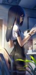  1girl alice_gear_aegis ass bangs black_hair bodysuit eyebrows_behind_hair from_behind from_side glasses highres holding holding_paper holding_tablet_pc leggings long_hair looking_down momoshina_fumika paper pinakes plant purple_eyes sidelocks solo tablet_pc thigh_strap 