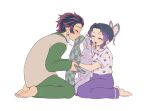  1girl alternate_universe bug butterfly butterfly_hair_ornament closed_eyes earrings good_end gradient_hair green_pajamas grin hair_ornament hanafuda_earrings holding holding_stuffed_toy jewelry kamado_tanjirou kimetsu_gakuen kimetsu_no_yaiba kiss kochou_shinobu multicolored_hair open_mouth original pajamas purple_butterfly purple_pajamas rabbit scar scar_on_face scar_on_forehead short_hair smile stuffed_animal stuffed_rabbit stuffed_toy updo user_fhwv8447 