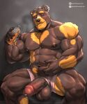 5:6 abs anthro arm_tuft artist_name balls bear bench blush bottle brown_balls brown_body brown_fur brown_hair brown_nipples brown_penis cheek_tuft closed_smile clothed clothing container elbow_tuft erection eyes_closed facial_tuft foreskin front_view fur genitals glans hair hi_res holding_bottle holding_container holding_object humanoid_genitalia humanoid_penis johnthelewd_art male male_anthro mammal markings mouth_closed multicolored_hair muscular muscular_anthro muscular_male navel nipples on_bench orange_markings overweight overweight_anthro overweight_male patreon patreon_logo pecs penis penis_poking_out red_glans retracted_foreskin shoulder_tuft simple_background sitting smile solo text topless tuft two_tone_hair vein veiny_penis white_hair x_logo