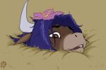 accessory anthro bovid bovine brown_body brown_eyes brown_fur captain_laserhawk:_a_blood_dragon_remix cattle comic cream_and_chocolate_(captain_laserhawk) female flower flower_in_hair fur hair hair_accessory hi_res horn mammal mud muddy mudwuff open_mouth plant purple_hair quicksand sinking solo