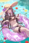 1girl absurdres alternate_costume bikini brown_hair character_print closed_mouth flower frilled_thigh_strap hat hat_flower herta_(honkai:_star_rail) highres honkai:_star_rail honkai_(series) long_hair long_sleeves looking_at_viewer navel purple_eyes purple_flower sazanami_(re_n_rentaro) smile solo stomach straw_hat sun_hat swim_ring swimsuit the_herta_(honkai:_star_rail) thigh_strap 