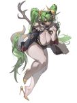  1girl absurdly_long_hair antlers arm_at_side asymmetrical_sleeves bare_legs black_gloves black_shrug bracelet breasts cleavage crossed_bangs dinosaur_tail double-parted_bangs full_body fur_hood furrowed_brow gloves green_hair grey_horns hair_between_eyes hair_intakes hair_spread_out half-closed_eyes half_gloves hand_up hanging_breasts high_heels highres holding holding_own_hair hood hood_down hooded_shrug horns huge_breasts jewelry kamitoge_supino long_hair looking_at_viewer no_legwear original pale_skin parted_lips plantar_flexion plump shoe_dangle shoes shrug_(clothing) simple_background tail twintails uneven_sleeves very_long_hair white_background yellow_shoes 