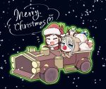  2girls :d ange_(princess_principal) animal_costume blue_eyes bow brown_hair car christmas commentary_request dorothy_(princess_principal) gift ground_vehicle heart merry_christmas motor_vehicle multiple_girls niina_ryou open_mouth princess_principal red_nose reindeer_costume sack santa_costume silver_hair smile snowing v 