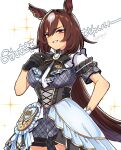 animal_ears asymmetrical_gloves black_gloves bow bowtie breasts brown_hair corset cowboy_shot gloves grey_shorts hair_between_eyes highres horse_ears long_hair medium_breasts mismatched_gloves open_mouth overskirt red_eyes short_sleeves shorts simple_background sirius_symboli_(umamusume) smile sparkle standing toji_(y2toj2) trailblazer_bash!_(umamusume) twitter_username umamusume white_background white_gloves 