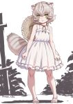  1girl :&lt; alternate_costume animal_ears bare_arms bare_legs blush cat_ears cat_girl cat_tail dress frilled_dress frills full_body green_eyes grey_hair hair_between_eyes hat hat_on_back highres kemono_friends kosai_takayuki long_sleeves looking_at_viewer multicolored_hair pleated_dress sandals short_hair sidelocks solo straw_hat sun_hat sundress tail tsushima_leopard_cat_(kemono_friends) white_dress white_sandals 