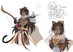  1boy 1other animal_ears animal_on_arm bast_(zeroera) bird blush bow_(weapon) cat_ears character_request cheek_pinching chinese_commentary chinese_text closed_eyes closed_mouth commentary_request dark-skinned_male dark_skin doodle_inset highres holding holding_bow_(weapon) holding_weapon jewelry looking_to_the_side male_focus multiple_views navel necklace nya8392216 perching pinching scar scar_on_face scar_on_nose surprised sweatdrop tail toned toned_male translation_request weapon white_background zeroera 