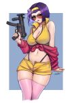  1girl absurdres artist_name bare_shoulders bow breasts cigarette cleavage commentary cowboy_bebop faye_valentine green_eyes gun hairband highres holding holding_gun holding_weapon jacket large_breasts looking_at_viewer midriff mouth_hold navel open_clothes open_jacket pink_thighhighs purple_hair red_jacket shirt short_hair shorts sleeveless sleeveless_shirt smoking solo sunglasses thighhighs tied_jacket weapon white_bow whitter yellow_hairband yellow_shirt yellow_shorts 