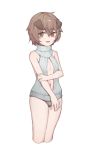  1boy :d absurdres animal_ears arknights arm_grab blush brown_eyes brown_hair brown_panties bulge cropped_legs crossdressing dog_ears dress eyebrows_visible_through_hair grey_sweater greyy_(arknights) hair_between_eyes highres lan_mao_akko looking_at_viewer meme_attire navel open-chest_sweater open_mouth otoko_no_ko panties ribbed_sweater short_hair simple_background smile solo standing sweater sweater_dress underwear virgin_killer_sweater white_background 