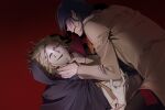  2boys artist_request black_cape black_pants blonde_hair boy_on_top brown_coat cape coat commentary_request commission danganronpa_another gloves half_mask highres korean_commentary looking_at_another male_focus mask multiple_boys open_mouth pants red_background sannoji_mikado second-party_source shirt short_hair strangling super_danganronpa_another_2 sweat teeth white_gloves white_shirt yellow_eyes yomiuri_nikei 