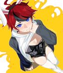  1boy ahoge alternate_costume animal_ears black_jacket black_leotard black_streaks blue_eyes chinese_commentary clothes_lift crossdressing crossdressing_(mtf) embarrassed fake_animal_ears foot_out_of_frame from_above grey_jacket hairband highres hongchen2 hood hoodie hoodie_lift jacket jacket_over_hoodie leg_lift leotard light_blush looking_at_viewer male_focus male_playboy_bunny multicolored_hair multicolored_jacket open_clothes open_jacket rabbit_ears red_hair short_hair solo strapless strapless_leotard streaked_hair sumino_takumi sweat sweatdrop the_hundred_line_-last_defense_academy- thighhighs twitter_username two-tone_background two-tone_jacket white_background white_hoodie white_thighhighs yellow_background 