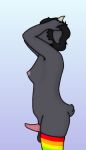 anthro boppidafterdark bovid caprine clothing covering covering_face digital_media_(artwork) female genitals goat gynomorph hand_on_head intersex legwear lgbt_pride mammal nude penis pride_color_clothing pride_colors rainbow_colors rose_(rosethegoat) simple_background solo solo_focus thigh_highs