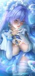  1girl absurdres artist_name blue_eyes blush breasts cantarella_(wuthering_waves) commentary earrings facial_mark fingernails hair_between_eyes headdress highres jellyfish jewelry large_breasts long_fingernails long_hair long_sleeves looking_at_viewer mark_under_eye mole mole_under_eye nail_polish open_mouth purple_hair realdriedfish shrug_(clothing) smile solo tacet_mark_(wuthering_waves) thighhighs thighs tongue tongue_out very_long_hair white_shrug white_thighhighs wuthering_waves 