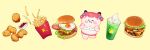  absurdres akami_karubi burger chibi chibi_only chicken_nuggets chiyomaru_(yumichiyo0606) crazy_raccoon food food_focus french_fries fried_egg highres ice_cream ice_cream_float ketchup realistic simple_background 