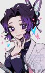  1girl blush butterfly_hair_ornament commentary grin hair_ornament highres jacket kawasaki_(kwsk_8765) kimetsu_no_yaiba kochou_shinobu long_sleeves looking_at_viewer parted_bangs purple_eyes purple_hair short_hair simple_background smile solo watermark white_background white_jacket 