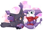  bandana bandana_around_neck black_fur blacktailmon blush character_name digimon digimon_(creature) gloves green_eyes impmon looking_at_another loyaldis open_mouth orange_eyes purple_fur red_bandana red_gloves sitting tail 