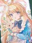  1girl :o animal_ears apron blonde_hair blue_bow blue_bowtie blue_dress blue_eyes bow bowtie commentary dot_nose dress flower highres holding holding_stuffed_toy light_blush long_hair long_sleeves looking_at_viewer original outline rabbit_ears rabbit_girl solo straight_hair stuffed_animal stuffed_toy symbol-only_commentary twitter_username upper_body white_apron white_flower white_outline yachi_waki 
