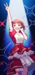  amami_haruka blue_eyes bracelet dress frilled_dress frills hair_ribbon highres idol idolmaster idolmaster_(classic) jewelry looking_at_viewer microphone music open_mouth red_dress red_ribbon red_skirt ribbon singing skirt sparkle stage stage_lights ting_come v white_trim 