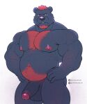 5:6 absurd_res anthro arm_hair artist_name balls belly_hair black_nose blue_balls blue_body blue_fur blue_penis body_hair chest_hair erection facial_hair foreskin front_view fur genitals glistening glistening_eyes goatee hair half-erect hand_on_hip hi_res humanoid_genitalia humanoid_penis johnthelewd_art looking_at_viewer male male_anthro markings muscular muscular_anthro muscular_male narrowed_eyes nude overweight overweight_anthro overweight_male patreon patreon_logo penis portrait red_eyes red_hair red_markings short_hair simple_background solo standing text three-quarter_portrait white_background x_logo