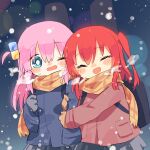  2girls :d ^_^ ayakashi_(monkeypanch) blue_coat blue_eyes blush_stickers bocchi_the_rock! bright_pupils brown_coat brown_gloves closed_eyes coat commentary_request cowboy_shot cube_hair_ornament gloves gotoh_hitori grey_gloves grey_skirt guitar_case hair_between_eyes hair_ornament highres instrument_case kita_ikuyo long_hair long_sleeves multiple_girls one_eye_closed one_side_up open_mouth pink_hair plaid_clothes plaid_scarf pleated_skirt red_hair scarf skirt smile white_pupils winter_clothes winter_coat yellow_scarf 