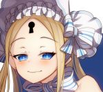  1girl abigail_williams_(fate/grand_order) abigail_williams_(swimsuit_foreigner)_(fate) bare_shoulders blonde_hair blue_background blue_eyes blush bonnet closed_mouth cluseller commentary_request cropped eyebrows_visible_through_hair face fate/grand_order fate_(series) forehead half-closed_eyes happy keyhole long_hair looking_at_viewer sidelocks simple_background smile solo two-tone_background white_headwear 