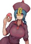  1girl :i absurdres blue_hair braid breasts bright_pupils chanta_(ayatakaoisii) closed_mouth collared_shirt cowboy_shot doughnut eating elbow_sleeve food food_bite hat highres holding huge_breasts jiangshi long_hair looking_at_viewer ofuda_on_clothes original red_eyes red_headwear red_shirt red_skirt sale shirt simple_background single_braid skirt solo translation_request white_background white_pupils wing_collar 