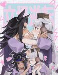  2girls animal_ears black_hair black_hat blush chisanchisyo3 clenched_teeth colored_inner_hair commentary_request ear_covers ears_down ears_through_headwear eye_contact face-to-face fenomeno_(umamusume) flipped_hair gold_ship_(umamusume) grey_hair grey_tail grid_background hand_on_another&#039;s_head hand_on_another&#039;s_mouth hand_up hat heart heart_tail highres horse_ears horse_girl horseshoe_hat_ornament horseshoe_ornament long_hair looking_at_another multicolored_hair multiple_girls no no_(gesture) own_hands_clasped own_hands_together parted_bangs peaked_cap pillbox_hat puckered_lips puffy_short_sleeves puffy_sleeves purple_hair purple_shirt rejected_kiss reversible_couple sailor_collar sailor_shirt school_uniform shirt short_sleeves summer_uniform sweat tail teeth tracen_school_uniform umamusume upper_body yuri 