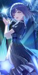  1girl black_bow black_corset black_dress blue_eyes blue_hair blush bow concert corset dress gakuen_idolmaster glowstick hair_bow hands_up hataya_misuzu highres idol idolmaster kitano_yukito looking_at_viewer mole mole_under_eye official_alternate_costume open_mouth puffy_short_sleeves puffy_sleeves short_hair short_sleeves smile stage stage_lights star_(symbol) 