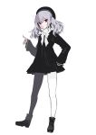  1girl black_dress bow closed_mouth dress fingernails grey_hair hair_between_eyes hand_on_hip highres long_hair original red_eyes simple_background sleeves_past_wrists smile solo standing tokiti twintails white_background white_bow white_legwear white_neckwear 