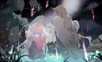  1boy 1girl angel_wings antenna_hair aqua_eyes aqua_hair artist_request black_choker blonde_hair check_copyright choker cloak colored_inner_hair copyright_request crystal dress earrings feather_earrings feathered_wings feathers feet_out_of_frame grass grey_robe hood hood_up hooded_cloak horns jacket jacket_partially_removed jewelry long_dress long_hair looking_at_another meteor_shower multicolored_hair night night_sky object_floating_above_hand onsen original outdoors parted_bangs pink_dress robe rock second-party_source short_hair single_horn sky smoke star_(sky) starry_sky tree two-tone_hair very_long_hair wading white_cloak white_hair white_horns white_jacket white_wings wings 