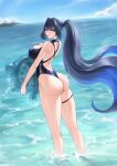  1girl absurdres ass black_hair blue_eyes blue_hair blue_one-piece_swimsuit blue_sky breasts cleavage gradient_hair hair_intakes highres hololive hololive_english holonatsu_paradise huge_breasts inflatable_toy long_hair looking_at_viewer looking_back multicolored_hair ocean official_alternate_costume official_alternate_hairstyle one-piece_swimsuit one-piece_thong open_mouth ouro_kronii ouro_kronii_(holonatsu_paradise) outdoors ponytail sky solo swimsuit thigh_strap thong vanillanight very_long_hair virtual_youtuber wading 