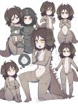  /\/\/\ 2girls :&gt; absurdres black_hair blush bodysuit bright_pupils brown_hair character_request closed_mouth frown highres horns jitome lan_mao_akko leg_hug long_tail looking_at_viewer medium_hair multiple_girls multiple_views navel open_mouth orange_eyes personification prehensile_tail restrained single_horn smile standing tail ultra_kaijuu_gijinka_keikaku ultra_series white_background white_pupils x_arms 