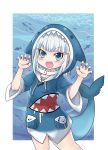  1girl animal_hood bangs blue_eyes blue_nails blunt_bangs chibi colonel_aki commentary eyebrows_visible_through_hair fish fish_bone fish_tail gawr_gura hands_up hololive hololive_english hood hood_up hoodie looking_at_viewer open_mouth shark shark_hood shark_tail sharp_teeth short_hair smile solo tail teeth thighs virtual_youtuber white_hair 