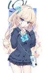  1girl black_skirt blonde_hair blue_archive blue_bow blue_bowtie blue_cardigan blue_eyes blue_halo blue_nails blue_ribbon bow bowtie cardigan cellphone cowboy_shot double_v gyaru hair_ribbon halo highres long_hair long_sleeves looking_at_viewer mo2upoyo phone pleated_skirt ribbon school_uniform skirt smartphone smartphone_case solo standing toki_(blue_archive) v 