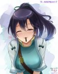  1girl artist_name black_hair blush breasts candy character_name chocolate collarbone commission fir_(fire_emblem) fire_emblem fire_emblem:_the_binding_blade food food_in_mouth heart highres holding holding_food long_hair mouth_hold one_eye_closed pocky ponytail pov purple_eyes ryuusaki_rei simple_background skeb_commission smile solo twitter_username 