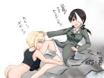  2girls ass black_hair blonde_hair blue_eyes blush bottomless bow breasts brown_eyes erica_hartmann eyebrows_visible_through_hair gertrud_barkhorn hair_bow hair_ornament isosceles_triangle_(xyzxyzxyz) medium_breasts military military_uniform multiple_girls no_panties object_on_head open_mouth panties panties_on_head panty_pull shiny shiny_hair short_hair simple_background small_breasts strike_witches twintails underwear uniform white_background white_panties world_witches_series yuri 