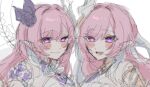  2girls blush_stickers breasts commentary company_connection cyrene_(honkai:_star_rail) diamond-shaped_pupils diamond_(shape) elf elysia_(herrscher_of_human:_ego)_(honkai_impact) elysia_(honkai_impact) ff_kahr20 flower hair_flower hair_ornament halo honkai:_star_rail honkai_(series) honkai_impact_3rd inoue_marina long_hair multiple_girls open_mouth pink_hair pointy_ears purple_eyes simple_background smile symbol-only_commentary symbol-shaped_pupils upper_body veil very_long_hair voice_actor_connection white_background white_veil yanning 