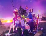  1girl 4boys ahoge black_pants black_shirt blonde_hair blue_eyes blue_hair blue_jacket brown_hair chiropmon digimon digimon_(creature) digimon_beatbreak digimon_day gecko gekkomon glasses green_eyes grey_shorts grey_sweater group_picture highres holding holding_sword holding_weapon hug jacket kuonji_makoto medium_hair multicolored_hair multiple_boys murasamemon official_art pants pink_jacket pristimon round_eyewear sakuya_reina sawashiro_kyo shirt short_hair shorts sitting stuffed_toy sunset sweater sword tenma_tomoro textless_version two-tone_hair weapon white_shorts yellow_eyes 