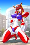  1girl arm_blade armor blush boots breasts brown_hair colored_skin covered_nipples embarrassed fins full_body green_eyes hand_on_own_stomach head_fins high_heel_boots high_heels highres kneeling large_breasts long_hair matenrou mazinger_(series) mecha metal_hair metal_skin panties parted_lips pauldrons red_boots red_panties robot robot_girl shoulder_armor solo super_robot thigh_boots underwear venus_a weapon white_skin 