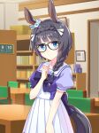  1girl absurdres animal_ears artist_request back_bow bare_arms black-framed_eyewear blue_bow blue_bowtie blue_eyes blue_shirt blunt_bangs book bookshelf bow bowtie braid breasts brooch chair clenched_hand closed_mouth collarbone cowboy_shot crown_braid ear_scrunchie expressionless eyelashes game_cg glasses grey_hair hair_over_shoulder hair_ribbon hand_on_own_chest high-waist_skirt highres horse_ears horse_girl horse_tail horseshoe_ornament indoors jewelry library light_blush light_frown long_hair looking_at_viewer medium_breasts official_art pleated_skirt puffy_short_sleeves puffy_sleeves ribbon school_uniform scrunchie shirt short_sleeves skirt solo standing table tail tracen_school_uniform two-tone_shirt umamusume white_ribbon white_scrunchie white_shirt white_skirt zenno_rob_roy_(umamusume) 