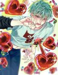  1boy alien_stage balloon black_shirt bleeding blood blush candy claw_pose commentary english_commentary food green_hair grey_eyes hair_between_eyes hand_up heart heart_balloon heart_out_of_chest highres layered_shirt lollipop male_focus messy_hair midriff motion_lines open_mouth print_shirt rorynans shirt short_hair sleeves_rolled_up solo sparkle teeth till_(alien_stage) toned toned_male twitter_username upper_teeth_only white_shirt 