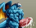  anthro big_muscles big_penis blue_body blush bodily_fluids clothing cum cum_on_penis dragon excessive_cum genital_fluids genitals grey_background headgear headgear_only headwear headwear_only horn huge_muscles huge_penis humanoid_genitalia humanoid_penis hyper hyper_muscles kuroma looking_pleasured male mostly_nude muscular muscular_anthro muscular_male orange_wings penis pink_penis scalie simple_background solo sweat tongue tongue_out vein veiny_penis western_dragon wings 