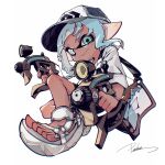  1girl aqua_eyes baseball_cap black_hat blue_hair commentary dapple_dualies_(splatoon) dark-skinned_female dark_skin dual_wielding full_body hat highres holding inkling inkling_girl inkling_player_character long_hair looking_at_viewer mhxbump pointy_ears print_hat sandals shirt signature simple_background solo splatoon_(series) splatoon_3 symbol-only_commentary tentacle_hair toes white_background white_sandals white_shirt 