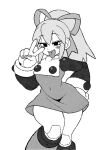  1girl android blush champchidi covered_navel curvy dress feet_out_of_frame fingernails full_body greyscale hair_ribbon half-closed_eyes hand_on_own_hip hand_up high_ponytail joints long_sleeves mega_man_(classic) mega_man_(series) mega_man_8 monochrome nail_polish open_mouth ponytail ribbon robot_joints roll_(mega_man) short_dress smile solo standing teeth thick_thighs thighs tongue tongue_out upper_teeth_only v wide_hips 