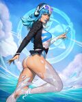  1girl absurdres ass blue_eyes blue_hair breasts cleavage clip_studio_paint_(medium) dalejomej heterochromia highres large_breasts long_hair looking_at_viewer luna_snow luna_snow_(cool_summer) marvel marvel_rivals multicolored_hair official_alternate_costume one-piece_swimsuit smile split-color_hair sunglasses swimsuit two-tone_hair white_hair 