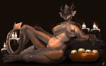 anthro argonian arm_support breasts candle claws dragon drakeena_(legend0fjan) female frill_(anatomy) glaring hand_on_leg hi_res horn leaning_on_elbow leaning_on_object looking_at_viewer lounging lying markings microsoft mythological_creature mythological_scalie mythology nipples on_side scales scalie simple_background slightly_chubby smile smoke solo sweetroll tail the_elder_scrolls thick_thighs zenfry