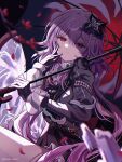  1girl absurdres black_dress black_flower black_gloves broken_mirror closed_mouth commentary dress evernight_(honkai:_star_rail) flower gloves hair_between_eyes hair_flower hair_ornament highres holding holding_umbrella honkai:_star_rail honkai_(series) light_smile long_hair long_sleeves looking_at_viewer march_7th_(honkai:_star_rail) mirror official_alternate_costume partially_shaded_face petals pink_hair red_eyes solo twitter_username umbrella upper_body white_wrist_cuffs wrist_cuffs yuma_(mron_322) 