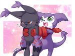  artist_name bandana bandana_around_neck black_fur blacktailmon blush digimon digimon_(creature) gloves green_eyes holding_digimon impmon loyaldis no_humans purple_fur red_bandana red_gloves tail 