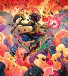  1girl abstract_background architecture armor axe battle_axe black_hair bracelet breastplate colorful_background column destruction dynamic_pose glint gold_armor gold_bracelet gold_knee_pads holding holding_axe holding_weapon jewelry jumping knee_pads magic marvel marvel_snap mountain mountainous_horizon official_art pebbles pillar rock scenery science_fiction sera_(marvel) shiny_skin sky skyline solo solo_focus sparkle star_(sky) starry_sky vinartwork weapon western_comics_(style) 