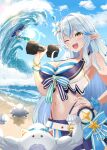  1girl absurdres ahoge beach bikini blue_bikini blue_hair blush cowboy_shot dumbbell heart heart_ahoge highres holding holding_dumbbell hololive holonatsu_paradise long_hair muscular ocean one_eye_closed open_mouth rokushiki_nitoro sand solo_focus striped_bikini striped_clothes surfing swimsuit virtual_youtuber water waves wet white_bikini yellow_eyes yukihana_lamy yukimin_(yukihana_lamy) 